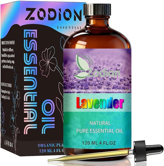 Lavender Essential Oil, 4 fl oz (120ml) - ZODION Lavender Fragrance Oil for Diffuser, Massage, Humidifier, DIY Candle, Soap Making, Home, Bath, Yoga