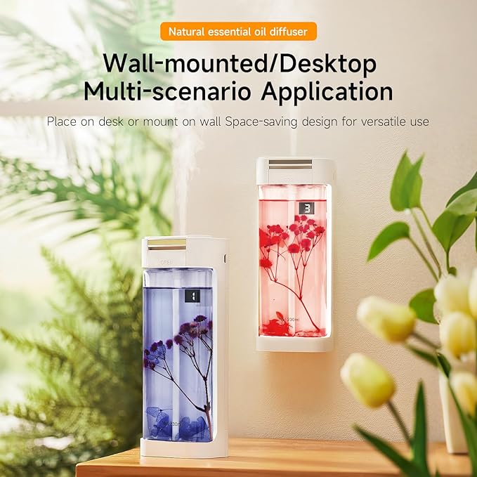 Waterless Essential Oil Diffuser with 2x230ml Refills (460ml Total), Portable Fragrance Diffuser for Home & Aromatherapy, Wall Mounted or Desktop Scent Machine, 4 Mist Modes