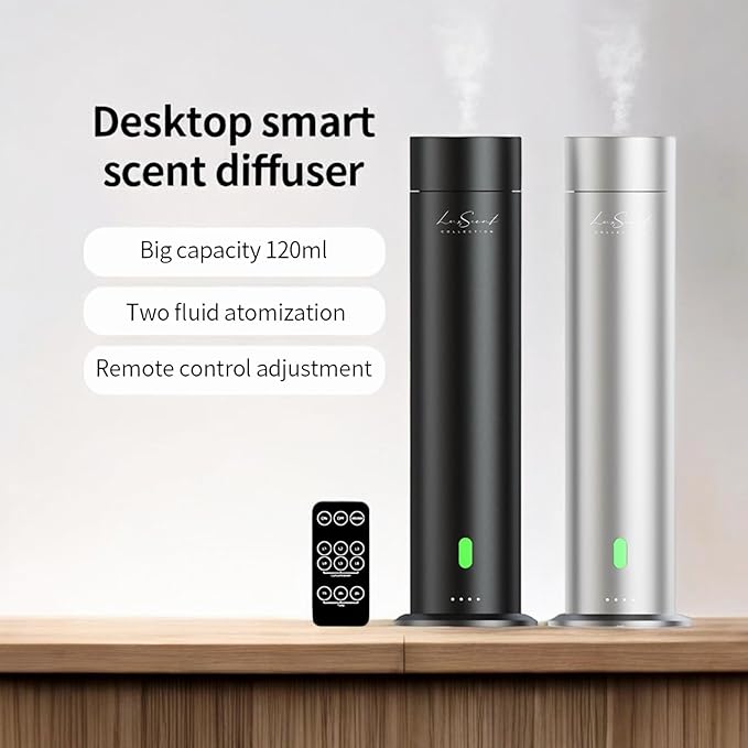 Wireless Aroma Diffuser Scent Oil - Home Luxury Portable Scent Diffuser - Remote Control Waterless Diffuser - 1000 sq. ft Coverage - Essential Oil 20ml Sample Pack Included - Aromatherapy (Silver)