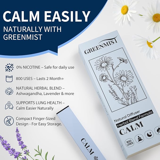 GREENMIST Ashwagandha Diffuser Pen - Herbal Calm Diffuser for Breathing in Calm & Relaxation - Calming Blend with Ashwagandha Chamomile Lavender & Rhodiola Rosea - 800 Uses All-Natural Botanicals