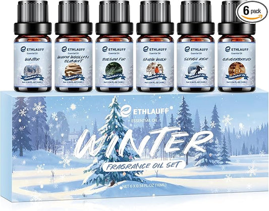 Essential Oils Winter Set,Premium Fragrance Essential Oils Gift Set for Diffuser, Soap & Candle Making Scents - Gingerbread,Warm Woollen Blanket, Balsam Fir, Snow Walk, Sleigh Ride