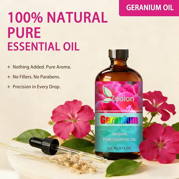 Geranium Essential Oil, 4 fl oz (120ml) - ZODION Geranium Fragrance Oil for Diffuser, Massage, Humidifier, DIY Candle, Soap Making, Home, Bath, Yoga