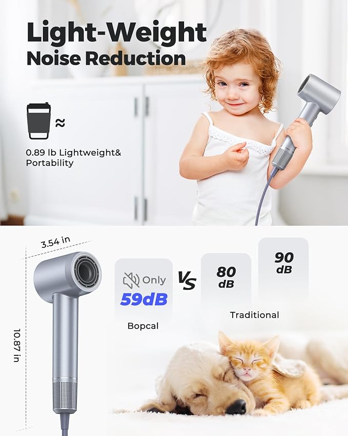 Hair Dryer - Negative Ionic Blow Dryer with 150000 RPM High Speed Brushless Motor for Fast Drying, Low Noise, HD Display Hair Dryer with Diffuser and Nozzle, 4 Temps & 3 Speeds