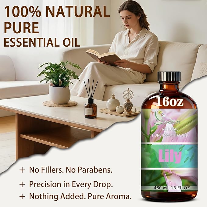 Lily Essential Oil, 16 fl oz (480ml) - ZODION Lily Fragrance Oil for Diffuser, Massage, Humidifier, DIY Candle, Soap Making, Home, Bath, Yoga