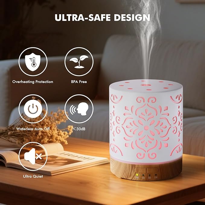 EQUSUPRO Essential Oil Diffuser 300ML Metal Aromatherapy Diffuser for Home with Auto Shut-Off & 4 Timers, Ultrasonic Humidifier with 7 Colors Lights for Large Room, Home Office Décor(White Flower)