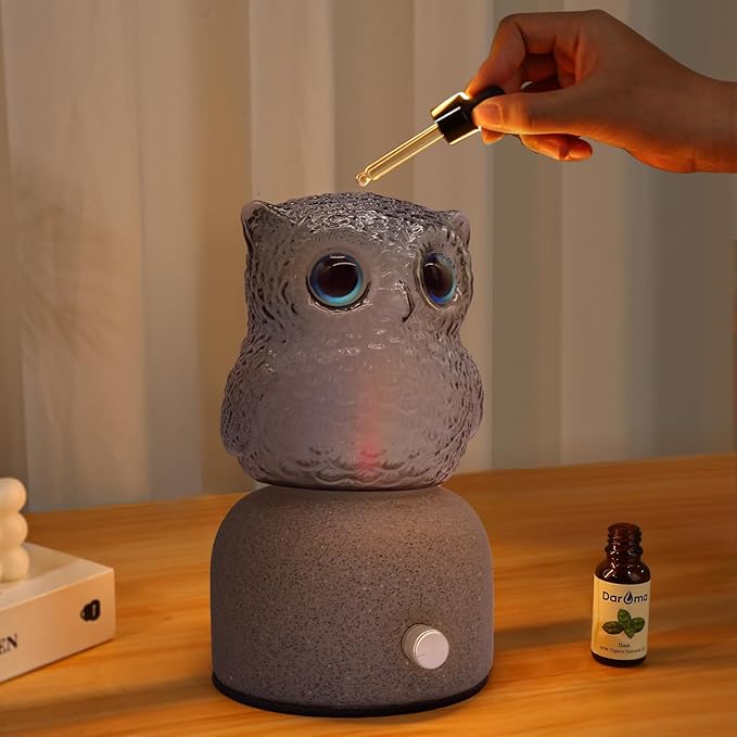 DAROMA Handcrafted Pottery Stone & Glass Essential Oil Diffuser, Owl Portable Waterless Aromatherapy with Auto Off, Adjustable Brightness, Ideal for Home, Office, Bedroom, Gift