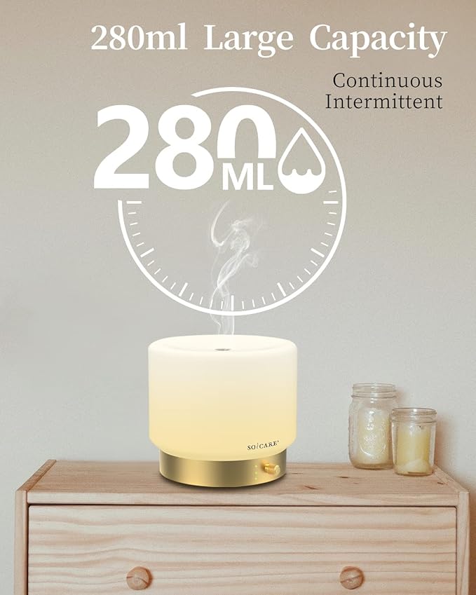 SOICARE Glass Diffuser with Luxury Alloy Base(Gold), All-in-one Room Decor Aromatherapy Oil Diffusers for Essential Oils, Air Scent Essential Oil Diffuser Humidifier,Dimmable Warm Light (280ML)