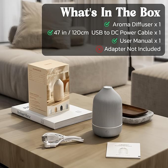 Essential Oil Diffuser, 100ml Aromatherapy Diffuser, Mini Ultrasonic Diffuser for Essential Oil, Home, Office, Cool Mist Humidifier with 7 Led Light, Auto Shut-Off, Gray