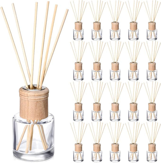 Roshtia 20 Set Reed Diffuser Bottle Empty Refillable Fragrance Glass Diffuser Bottles Set with Wooden Caps Sticks 50ml 1.7 oz Round Glass Jars for DIY Fragrance