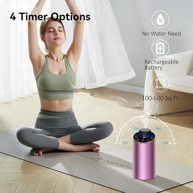 Essential Oil Diffuser Waterless Scent Aromatherapy Diffusers for Home Large Room, Bedroom, Car, Office,Desk, Battery Operated, Small Cordless Air Freshener Machine, 3 Countdown Timers & 3 Mist Levels
