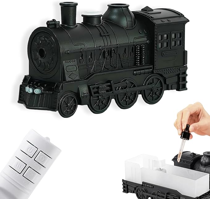 300ml Train Diffuser, Vintage Steam Train Aromatherapy Essential Oil Diffuser with Dual-Color LED Light, Quiet Aromas Diffuser with Cool Mist Modes &Smart Remote for Rooms,Bedrooms, Desks (Black)
