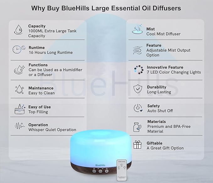 BlueHills Premium 1000 ML Large Essential Oil Diffuser Humidifier for Room Home Aromatherapy Big Capacity Oil Diffuser with Décor LED Lights Long Running Round Diffuser Dark Wood Grain – D002