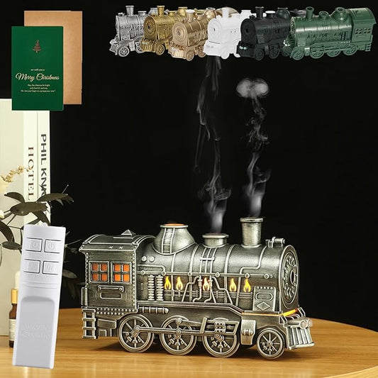 Essential Oil Train Diffuser, Vintage Steam Train Humidifier, Christmas Train Aroma Diffuser, Dual Mist Outlets Cool Mist Quiet Aromatherapy Diffuser with Remote Control, Auto-Off (Sliver)