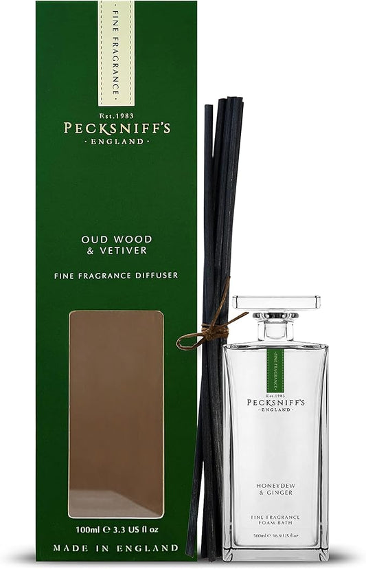 Pecksniff's Prestige 100 ml/3.3 fl oz Square Reed Diffuser Set, Oudwood & Vetiver