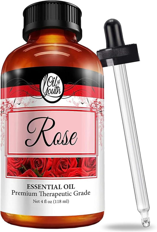 Oil of Youth Rose Essential Oil - Therapeutic Grade Aromatherapy Oil for Diffuser, Skin, Hair, Perfume & Candle Making - 4 fl oz with Dropper
