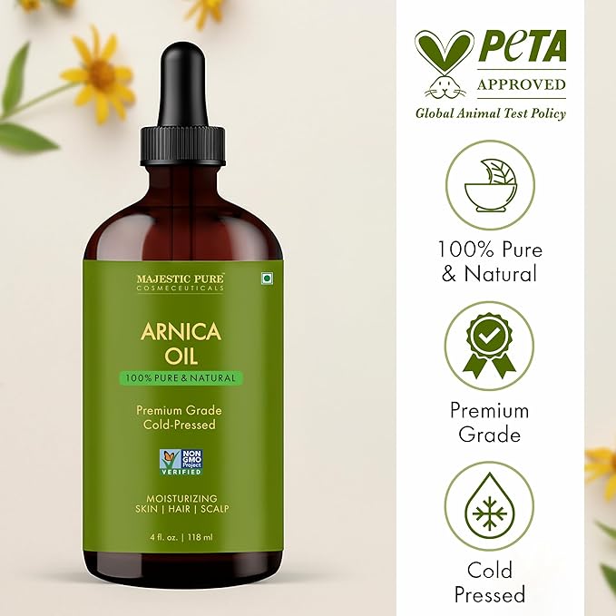 Majestic Pure Arnica Oil 4oz (118ml) Premium Carrier Oil with Dropper for Hair Care, Hair Oiling, Scalp Massage, & Skin Care