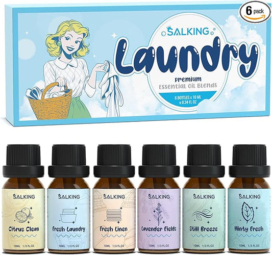 SALKING Laundry Fragrance Oils, Premium Essential Oil for Diffuser, Scented Oil Gift Set for Soap Candle Making - Citrus Clean, Fresh Laundry, Fresh Linen, Lavender Fields, Still Breeze, Minty Fresh