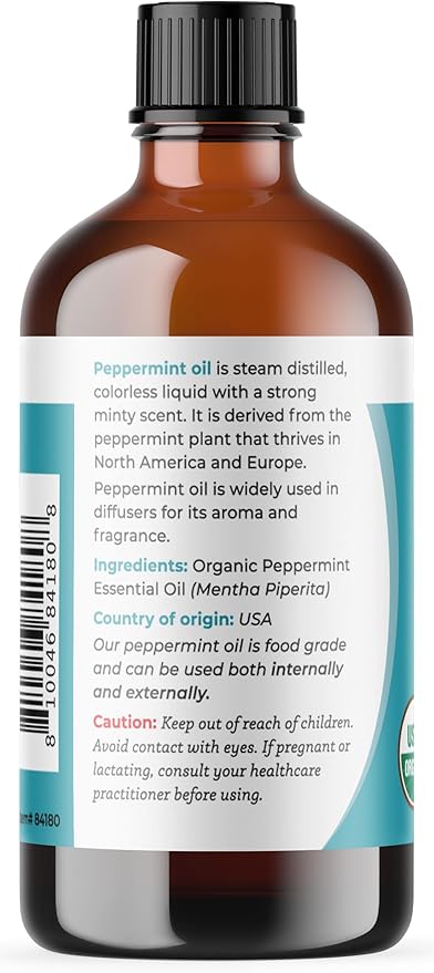 Viva Doria Peppermint Essential Oil, USDA Certified, Organic Peppermint Oil, 100% Pure, Natural Essential Oil, Undiluted, for Aromatherapy | Food Grade, 118 mL (4 Fluid Ounce)