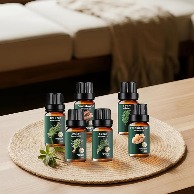 6 Pack Pure Woody Essential Oils Set, Natural Sandalwood, Cedarwood, Tea Tree, Cypress, Frankincense, Vetiver for Aromatherapy Diffuser, Meditation, Candle & Soap Making, 6x10ml