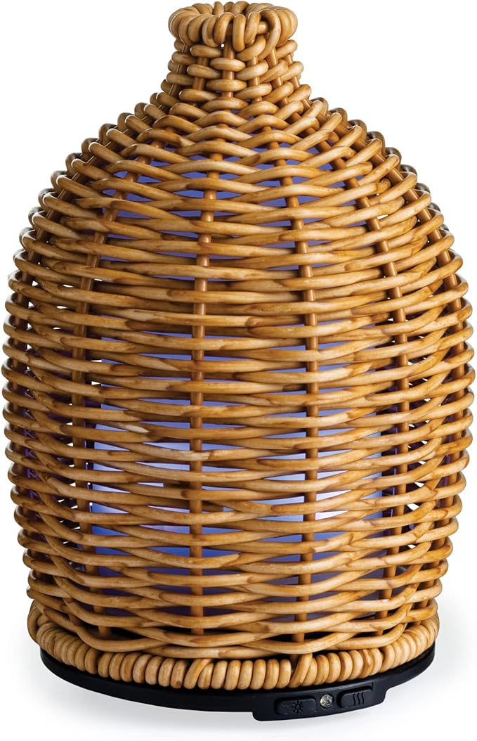 Airome Wicker Medium Rattan Essential Oil Diffuser|100 mL Humidifying Ultrasonic Aromatherapy Diffuser 8 Colorful LED Lights, Intermittent & Continual Mist, Auto Shut-Off