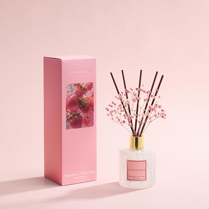 COCORRÍNA Reed Diffuser - Strawberry with Cream 6.7 fl oz Reed Diffuser with Sticks, Bedroom Bathroom Shelf Decor