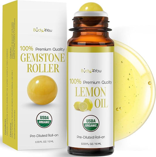 Lemon Essential Oil Roll On for Energy Mood Uplift Anxiety Relief - 100% Pure USDA Organic MCT Coconut Oil - Mental Clarity Focus Positivity Citrus Scent Perfume - Gemstone Roller 10ml Travel Size