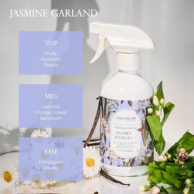 M&SENSE Jasmine Garland Scent Bundle - Reed Diffuser Oil Refill 16.9oz with 10 Sticks & Odor Eliminator Spray Natural Essential Oil Home Spa Office Pet Smoke Musty Smell Remover