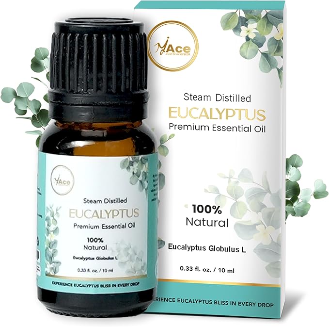 My Ace Eucalyptus Essential Oil – 100% Pure & Natural, Steam-Distilled, Undiluted Oil for Diffuser, Aromatherapy, Massage, Candle & Soap Making – Amber Glass Bottle – 0.33 fl oz