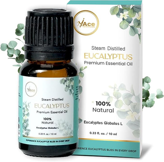 My Ace Eucalyptus Essential Oil – 100% Pure & Natural, Steam-Distilled, Undiluted Oil for Diffuser, Aromatherapy, Massage, Candle & Soap Making – Amber Glass Bottle – 0.33 fl oz