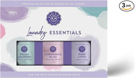 Laundry Essentials Essential Oil Set: Use with Wool Dryer Balls or Oil Diffuser Elevate Your Laundry with All-Natural Aromatherapy Scents | Fresh Laundry, Chamomile Bliss, Pure Linen 10 ML