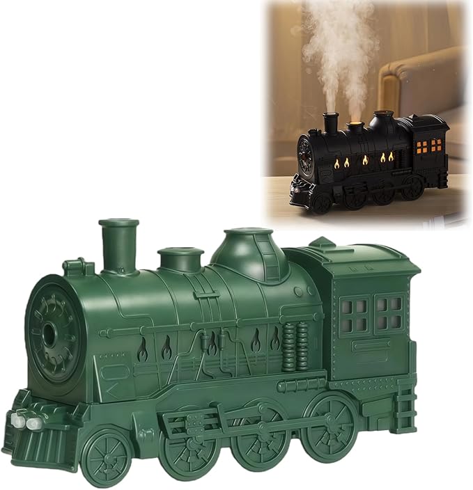 300ML Vintage Train Diffuser, Cool Mist Humidifier with Dual Modes, LED Light, Auto Shut-Off for Bedroom Office (Green, Without Remote Control)