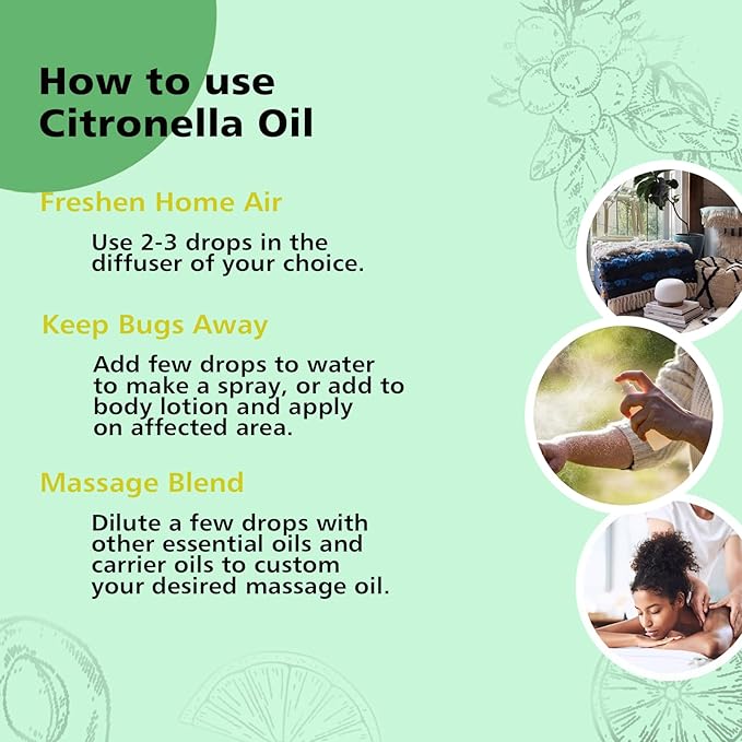 GM Gumili Citronella Essential Oil - 100% Pure Organic Oil for Diffuser, Spray, Candle Making & Skin Care - 10mL Glass Bottle
