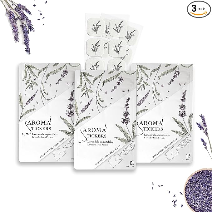 (Lavender, Pack of 3) - 100% Natural Essential Oil Scented Stickers for Face Mask & Pillow (12 Stickers/pc) - Pure Essential Oil Scented Mask Patch/Personal Aroma/Relaxing