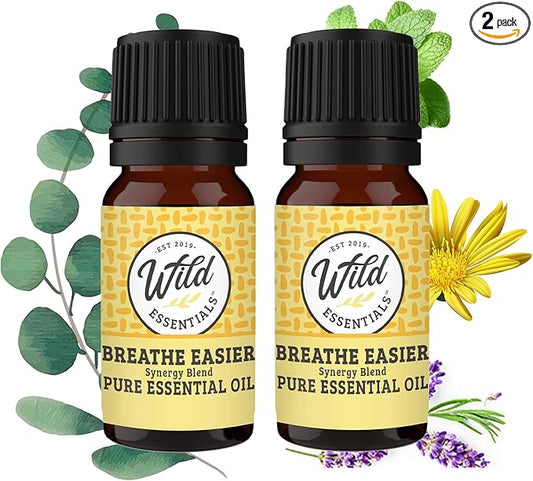 Wild Essentials Breathe Easier 100% Pure Essential Oil Synergy Blend 2 Pack - 10ml, Cool and clearing for Congestion, Sinus, Allergies, stuffy Nose, Cold and flu Symptoms, Made and Bottled in USA