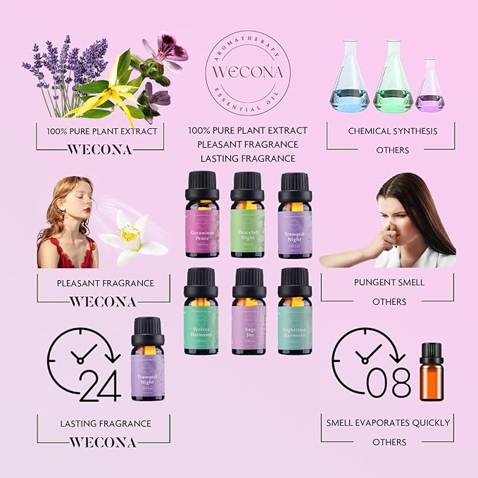 WECONA Essential Oils for Diffusers For Home - Dreamland Slumber Aromatherapy Oils Set for Humidifiers, 6x10ml - Essential Oil Blends Including Lavender, Cedar, Sweet Orange, Geranium, Roman Chamomile