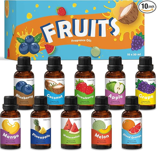 Fruit Fragrance Oil for Candle Soap Making, 10x30ml Holamay Essential Oils for Diffusers for Home, Coconut, Strawberry, Mango, Pineapple, Large Size Diffuser Oils Gift Set