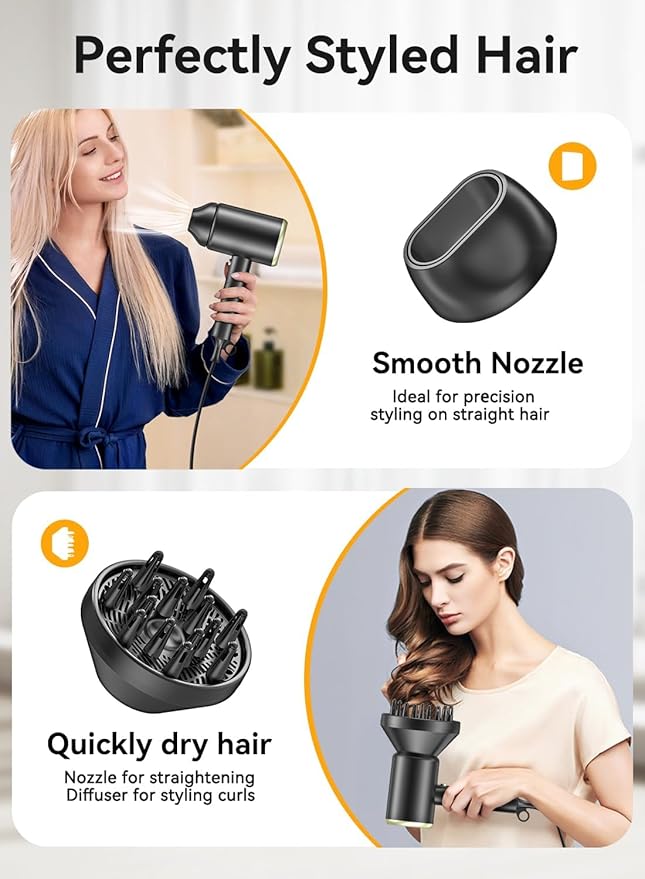 Hair Dryer, 150000RPM Ionic Blow Dryer - Fast Drying, Low Noise, Foldable Portable with Diffuser and Nozzle, Compact Mini for Women and Men, Home and Travel - Black