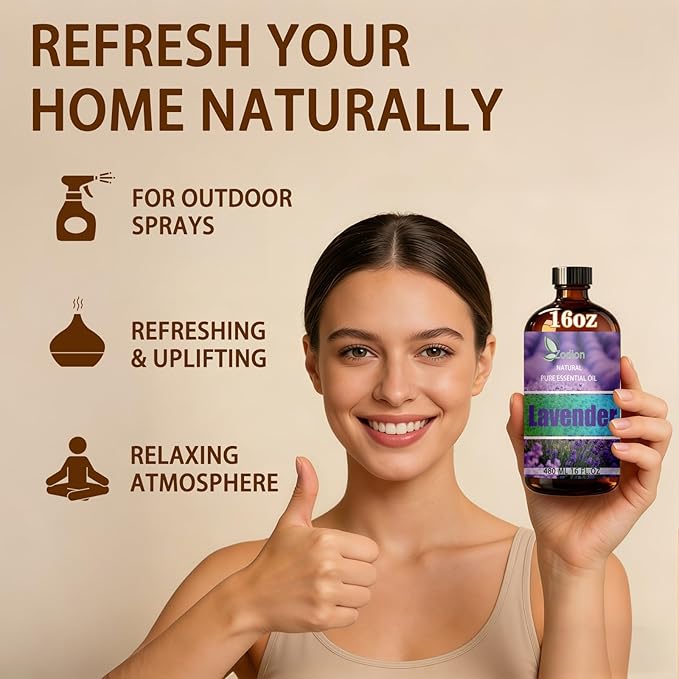 Lavender Essential Oil, 16 fl oz (480ml) - ZODION Lavender Fragrance Oil for Diffuser, Massage, Humidifier, DIY Candle, Soap Making, Home, Bath, Yoga