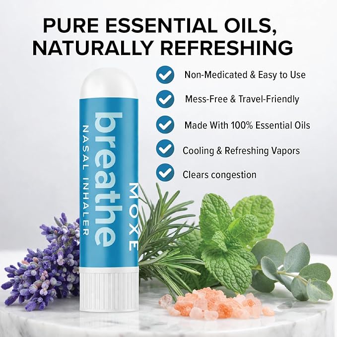 MOXE Breathe | Himalayan Salt Inhaler | Help Clear Congestion, Boost Focus and Improve Breathing | Natural Aromatherapy | Peppermint, Lavender and Tee Tree Essential Oil (1 Pack)…