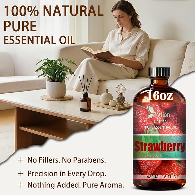 Strawberry Essential Oil, 16 fl oz (480ml) - ZODION Strawberry Fragrance Oil for Diffuser, Massage, Humidifier, DIY Candle, Soap Making, Home, Bath, Yoga