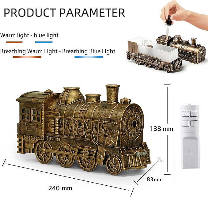Train Diffuser,300ml Essential Oil Diffuser Quiet Train Oil Diffuser with Remote Control 2 Light 2 Spray Modes Aroma Diffuser for Home Bedroom Office (Silvery)
