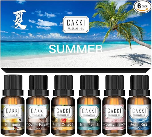 Summer Essential Oils for Diffusers for Home, CAKKI Fragrance Oils Set, Long Lasting, 6X10ml with Coconut, Pina Colada, Aqua Kiss, Bali Island, Strawberry, Aromatherapy Oils, for Candles Making, Gifts