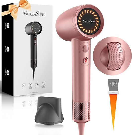 MelodySusie Compact Hair Dryer for Women,120,000RPM 1600W High Speed Fast Drying 3 Heat/Stepless Speed Ionic Blow Dryer for Women,Home