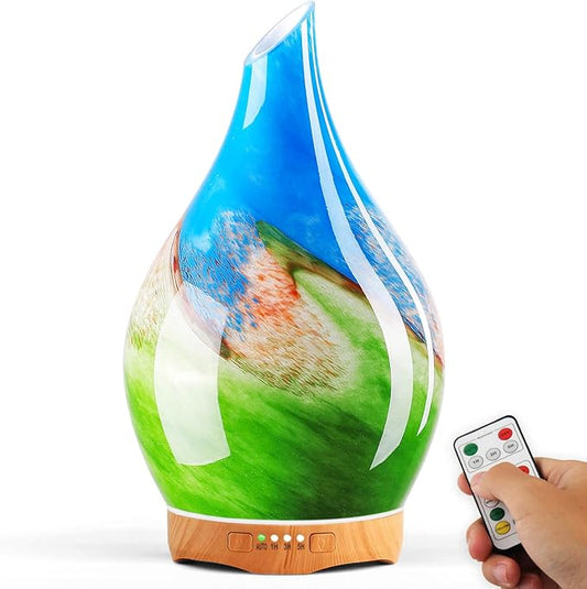 Porseme 280ml Essential Oil Diffuser Glass Color Changing Aroma Air Diffusers Aromatherapy Ultrasonic Cool Mist Humidifier with Remote Control 7 Running Hours Waterless Auto-Off (Blue Grass)