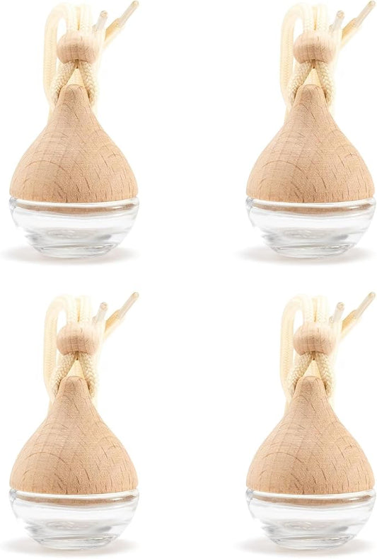 Refillable Car Air Freshener Hanging Diffuser, Empty Glass Bottle with Reed Sticks for Essential Oils, Car Scent Diffuser and Aromatherapy Pendant Decor for Women and Men (4PCS)