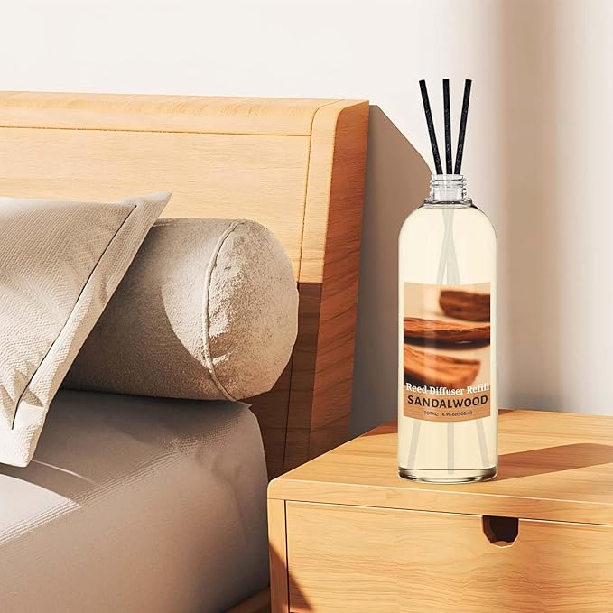 STRN Sandalwood Reed Diffuser Refill 500ml with 6 Natural Reed Sticks, Premium Aromatherapy for Home, Long-Lasting Fragrance for Living Room, Bedroom, Office | Alcohol-Free