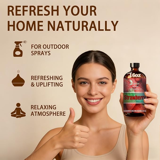 Strawberry Essential Oil, 16 fl oz (480ml) - ZODION Strawberry Fragrance Oil for Diffuser, Massage, Humidifier, DIY Candle, Soap Making, Home, Bath, Yoga
