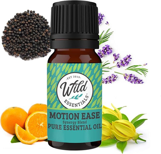Wild Essentials Motion Ease 100% Pure Essential Oil Synergy Blend, 10ml, Formula for Motion Sickness, Nausea, Upset Stomach, Vertigo, Dizzy, seasick, carsick. Made and Bottled in The USA (1)