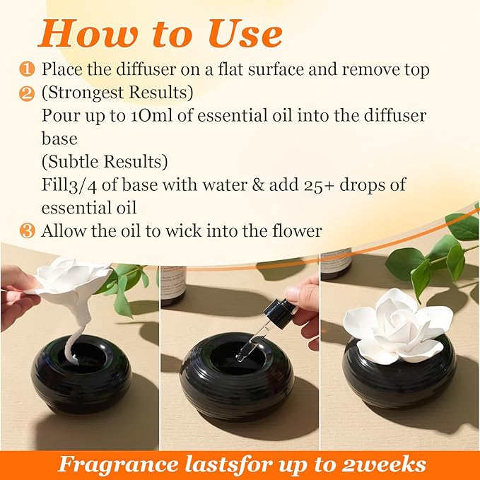 Honeydak 2 Pcs Reedless Ceramic Diffuser Set, Porcelain White Flower Aromatherapy Essential Oil Diffuser for Home Office Bathroom Tabletop Decor, Non-Electric, Valentines Day Gift (Camellia)