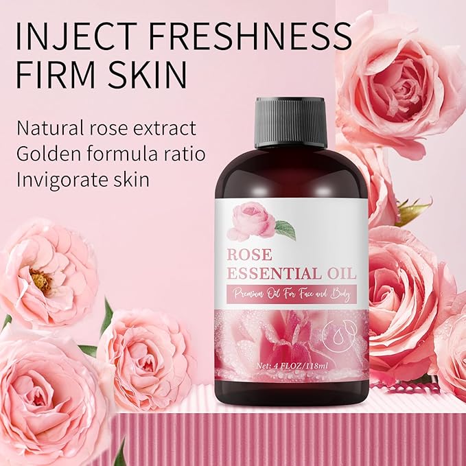 Rose Essential Oil for Face 4OZ Organic Cold Press Essential Oils for Aroma Diffusers Steamer Home Rooms Natural Rosa Scented Fragrance Oils for Soap Making Candles Face Body Skin Massage Oil